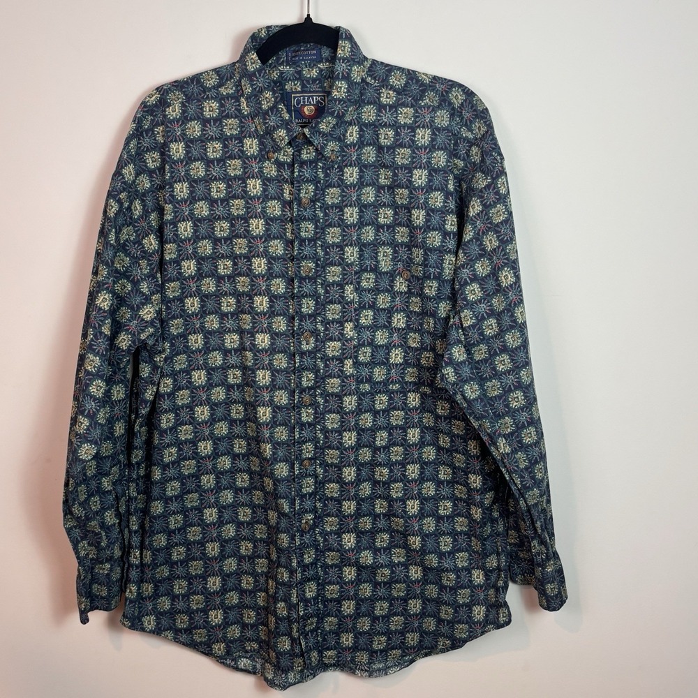 VTG Chaps Ralph Lauren Men's 90s Floral Check Button Up Size Large 100% Cotton